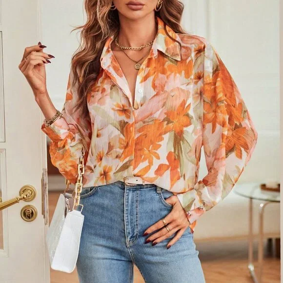 Orange Boho Women's Floral Print Button Down Loose Fit Long Sleeve blouse - Picture 4 of 6